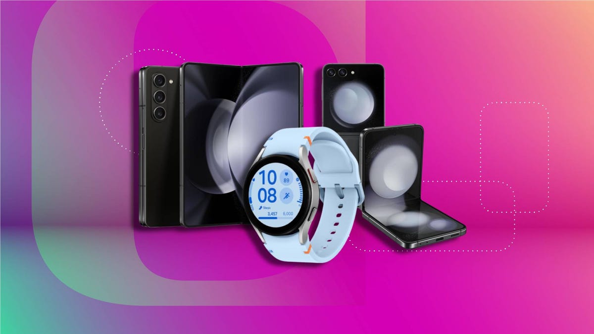 Samsung foldables and smartwatch on a bright background.