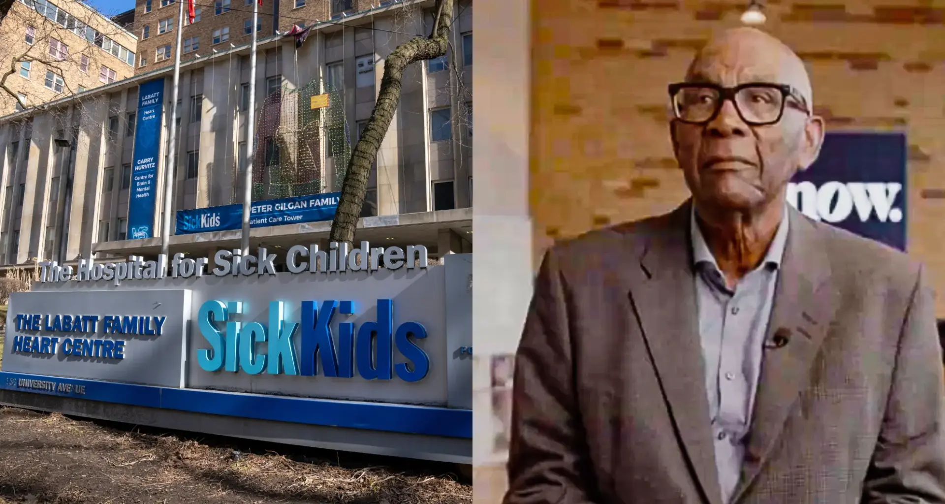 Accessible medical facility in Toronto with SickKids signage, pediatric hospital and research centre.