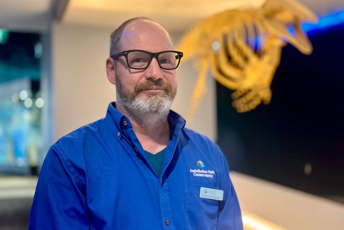 A man in a blue shirt poses with the skeleton of a marine animal behind him.