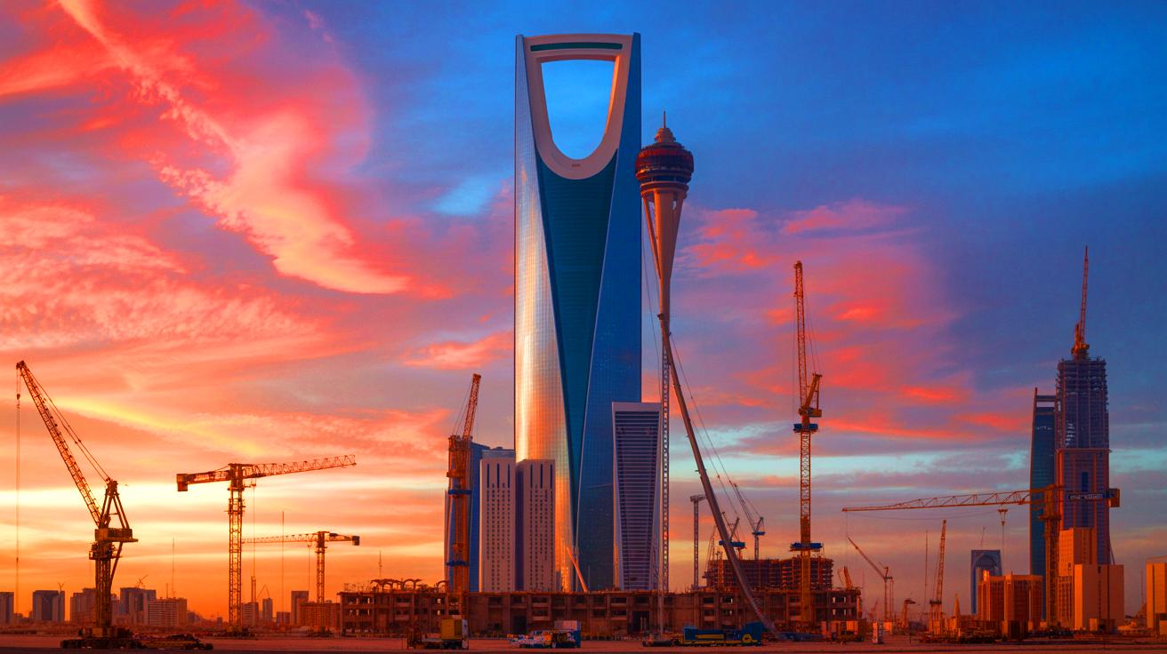 Illustration of the Jeddah Tower rising above the Saudi Arabian skyline.