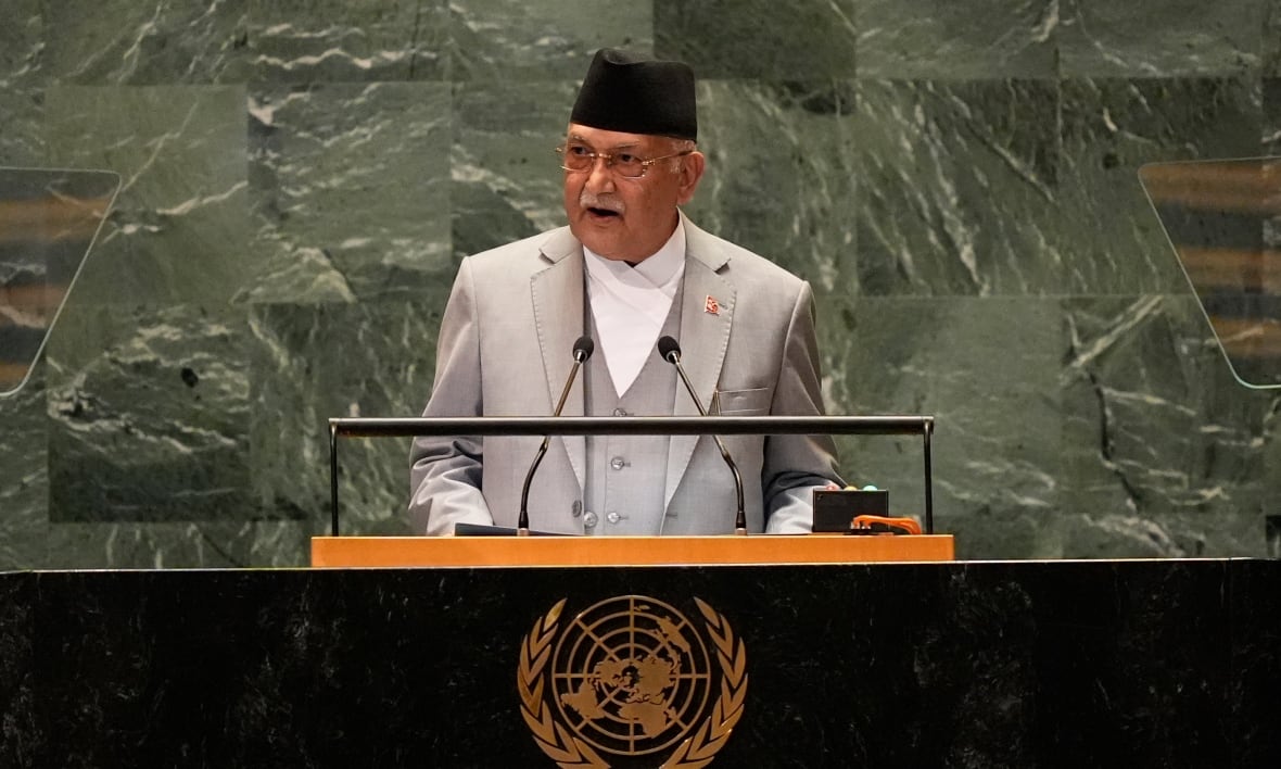 A man in a suit speaks at a lectern bearing the insignia of the United Nations.
