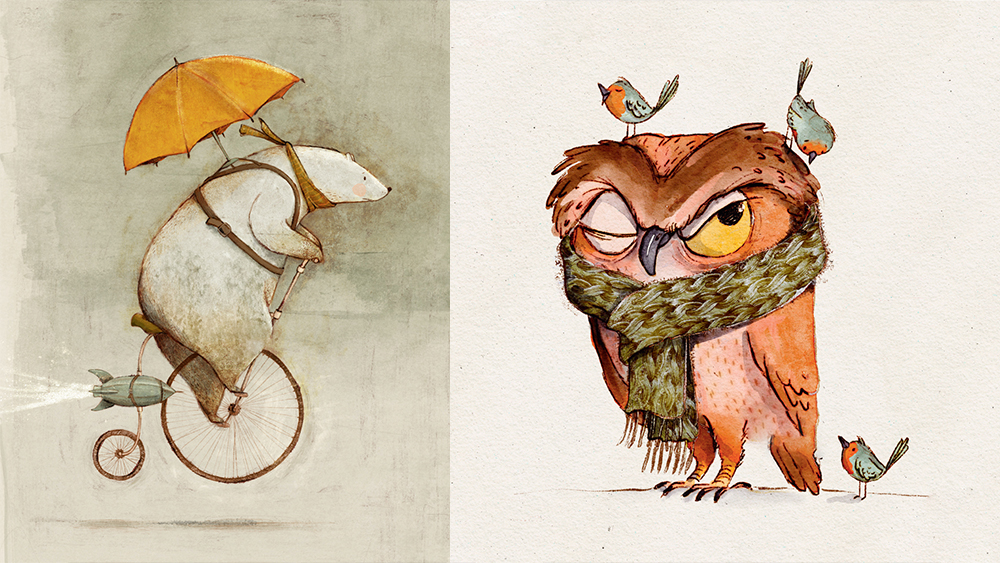 Two artworks:: a polar bear riding a bicycle and an owl