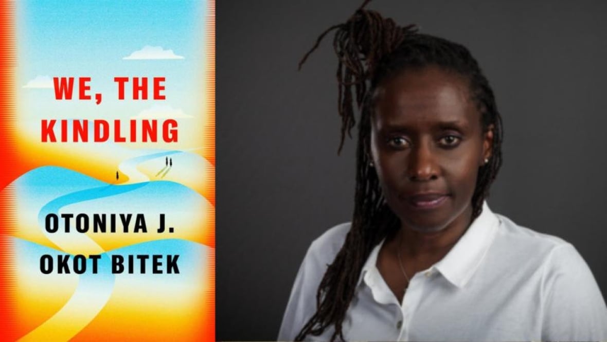 A composite image that shows a book cover that shows a three people walking along a light blue and yellow path and a headshot photo of a woman with black dreadlocks wearing a white button down. 