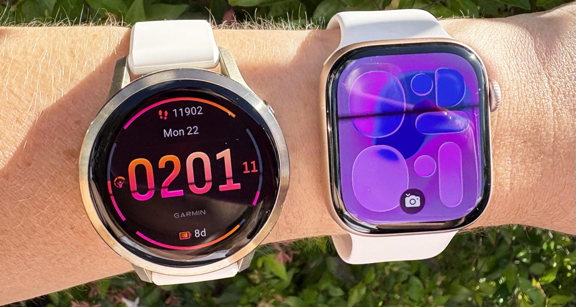 a photo of the Garmin Venu 4 and Apple Watch 11