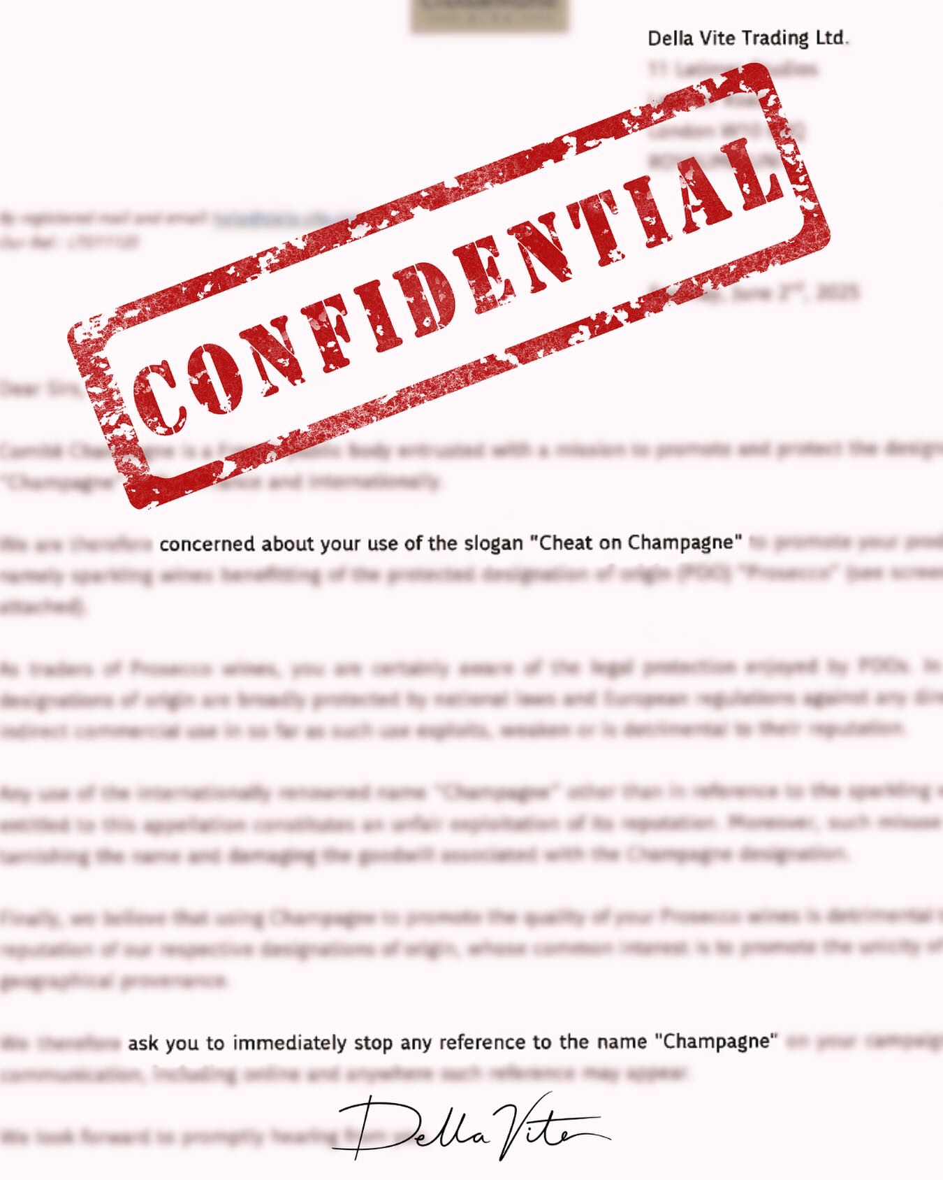 Cease and desist letter from Della Vite Trading Ltd. with a "CONFIDENTIAL" stamp, regarding the slogan "Cheat on Champagne".