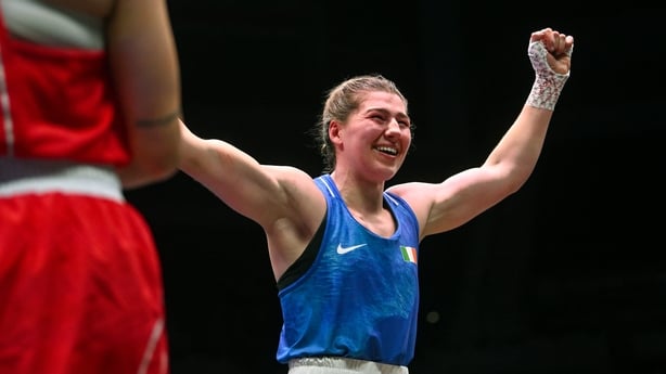 14 September 2025; Aoife O'Rourke of Ireland celebrates after winning the Women's 75kg final bout against Busra Isildar of Türkiye during the World Boxing Championships 2025 at M&S Bank Arena in Liverpool, England. Photo by Ben McShane/Sportsfile