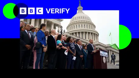 BBC US House Minority Leader Hakeem Jeffries speaks to the media on the steps of the US Capitol in Washington DC.