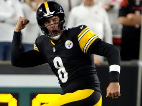 Aaron Rodgers of the Pittsburgh Steelers celebrates after Pat Freiermuth scored a 68 yard touchdown against the Cincinnati Bengals.