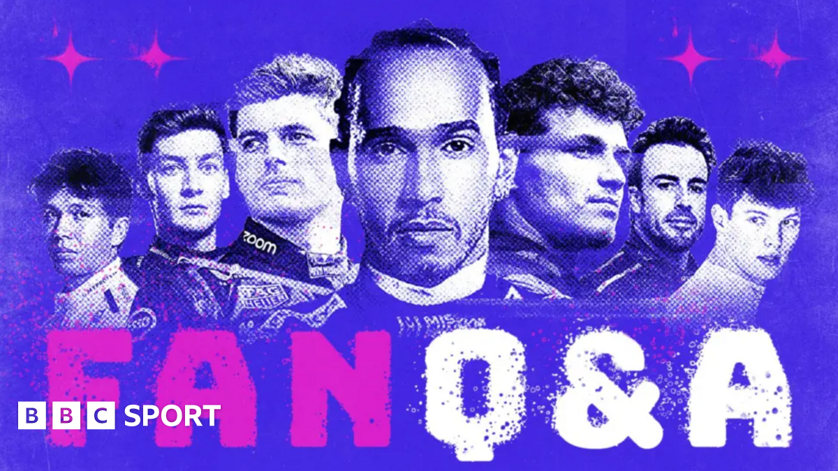A graphic of, from left to right, Alex Albon, George Russell, Max Verstappen, Lewis Hamilton, Lando Norris, Fernando Alonso and Oliver Bearman. It is on a blue background with 'Fan Q&A' below the drivers