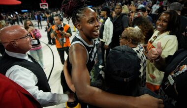 Las Vegas Aces guard Chelsea Gray leaves the court after Game 1 of the WNBA basketball finals against the Phoenix Mercury, Friday, Oct. 3, 2025, in Las Vegas. (AP Photo/John Locher)
