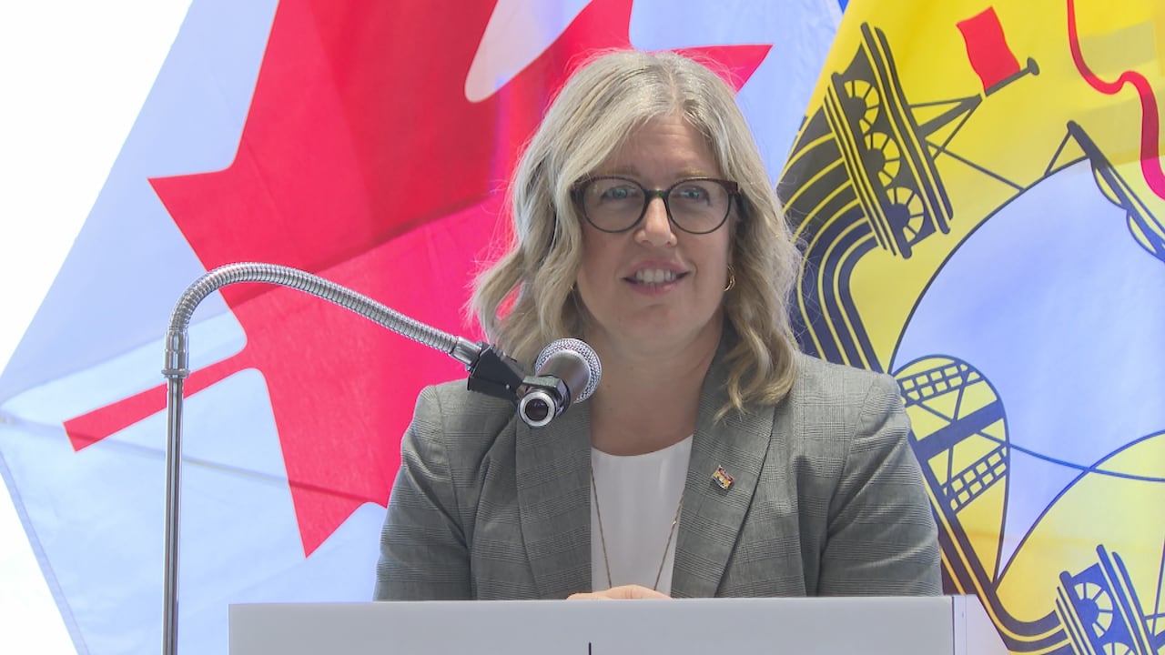 A smiling woman with long blond hair and glasses speaks into a microphone with flags behind her. 