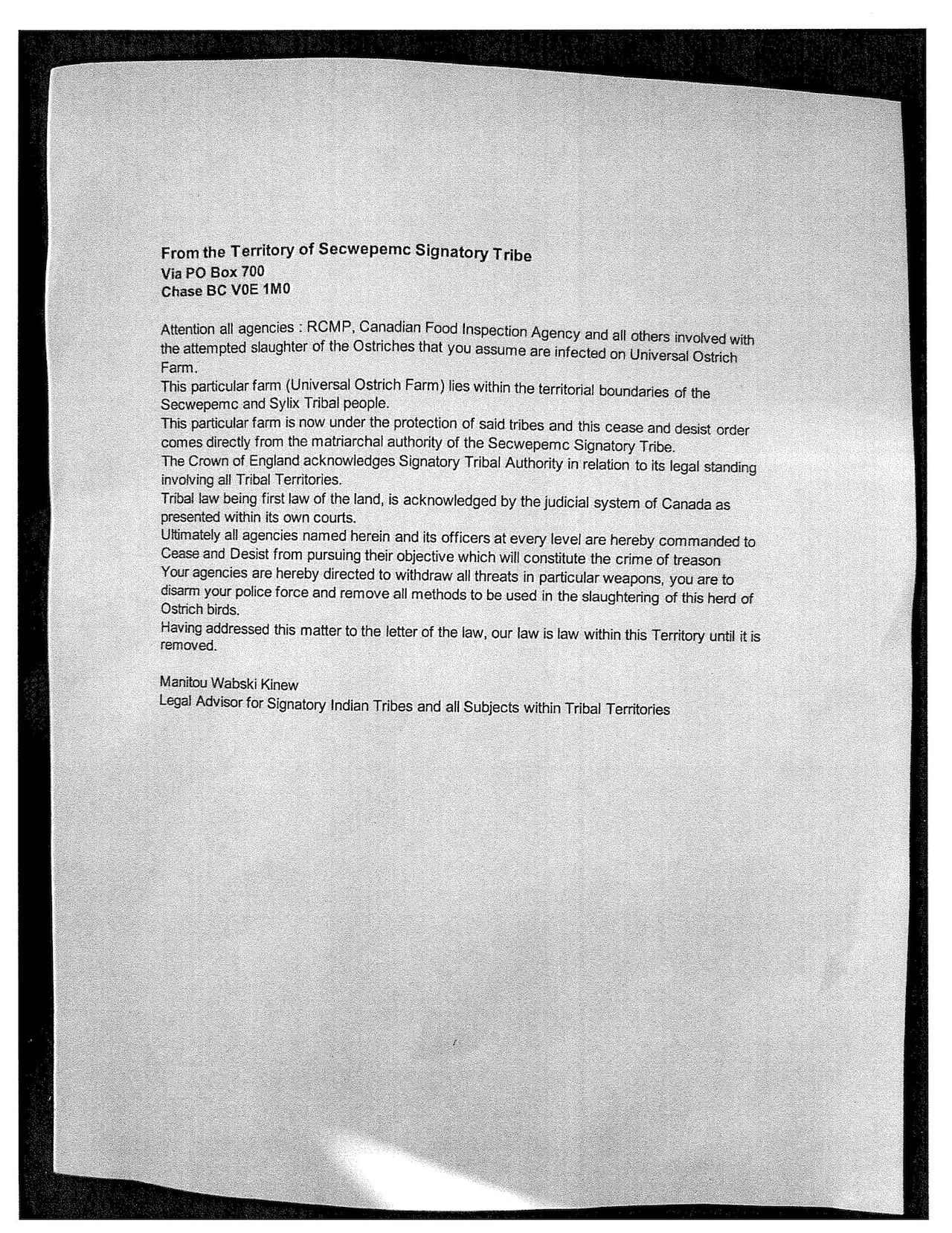 photograph of a computer-printed letter