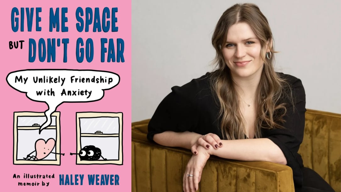 Give Me Space but Don't Go Far by Haley Weaver. Illustrated book cover of a heart and a blob of thread holding hands from their windows.