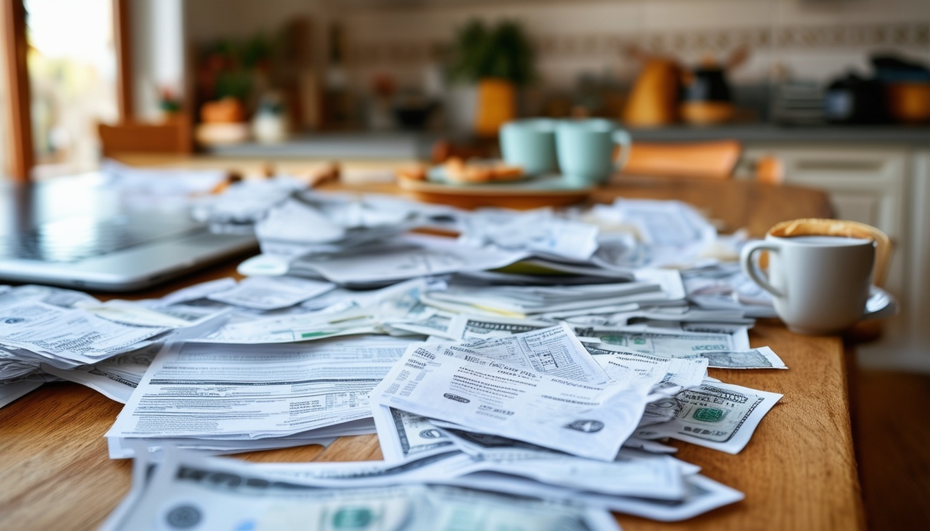 The photo shows a person sitting at a kitchen table covered with receipts and bills, looking contemplative. In the background, there is a cluttered countertop with coffee mugs and a laptop. The scene is captured from a slightly elevated angle using a wide-angle lens to show the person surrounded by financial documents, emphasizing the theme of budgeting and cutting down on spending.