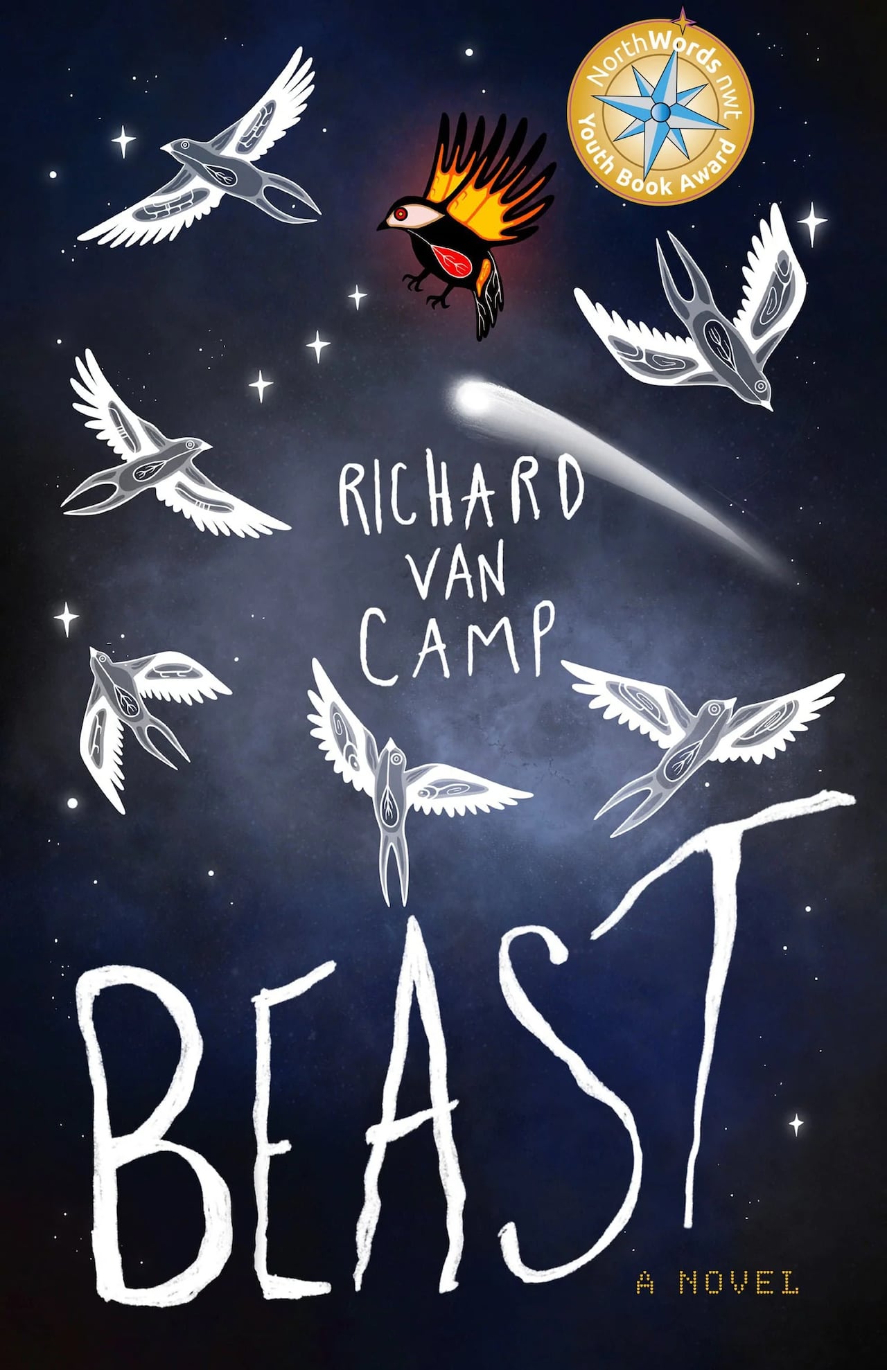 Beast by Richard Van Camp. Illustrated book cover of seven birds flying in the night sky.