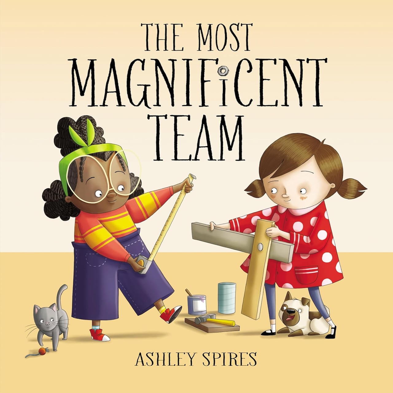 An illustrated book cover featuring a young Black girl with glasses and her cat and a young white girl and her dog working on a project together.