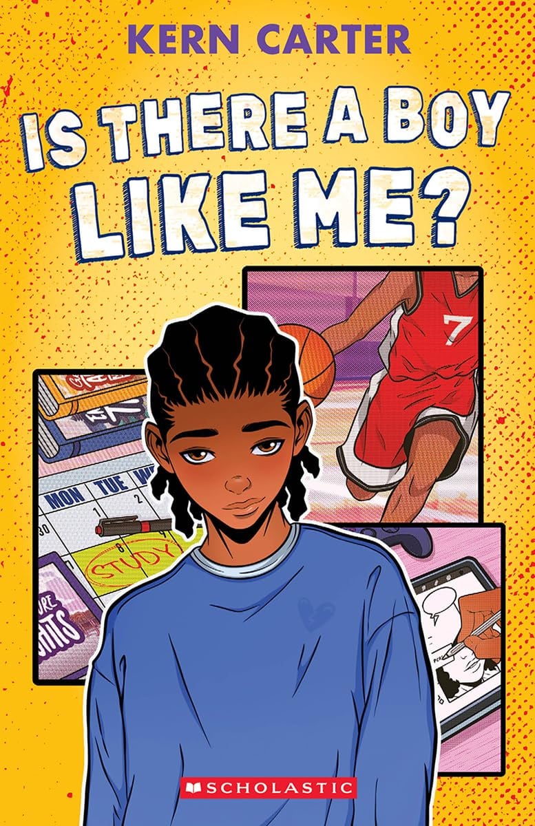 A book cover of Is There a Boy Like Me? by Kern Carter, showing a young boy surrounded by images from his life such as basketball and homework.