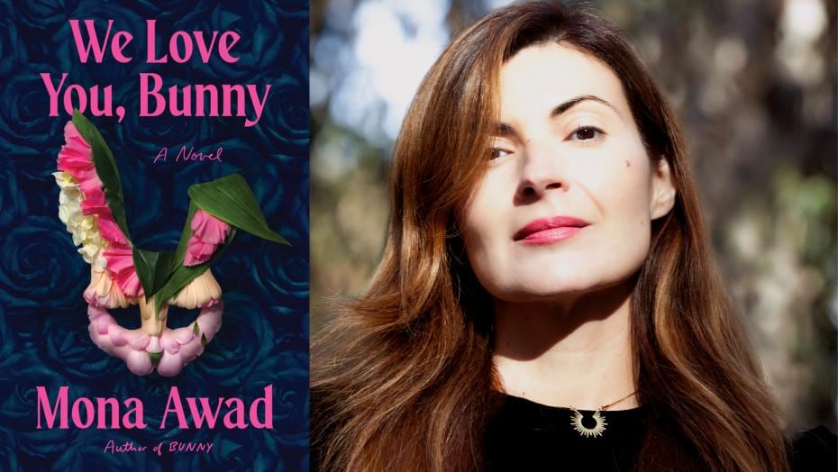 Two images side by side - a book cover with a flowery bunny's head and an author image of a woman staring into the camera with her brow arched