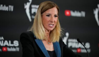 WNBA commissioner Cathy Engelbert speaks prior to Game 1 of a WNBA basketball final playoff series between the Las Vegas Aces and the Phoenix Mercury, Friday, Oct. 3, 2025, in Las Vegas. (AP Photo/John Locher)