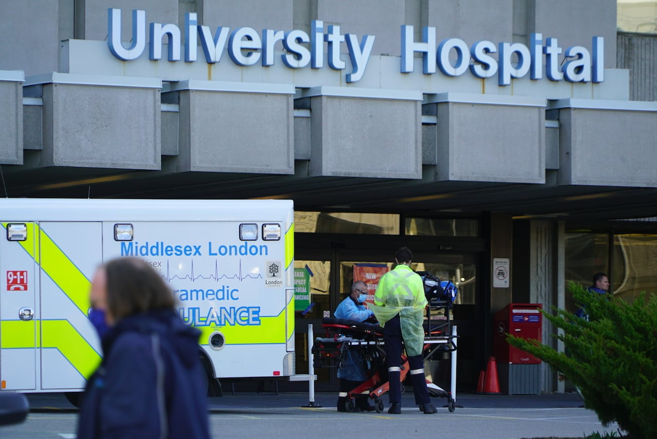 The exterior of the drop off area at University Hospital in London, Ont.
