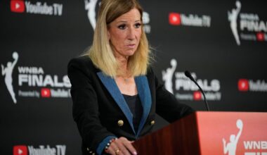 WNBA commissioner Cathy Engelbert speaks prior to Game 1 of a WNBA basketball final playoff series between the Las Vegas Aces and the Phoenix Mercury, Friday, Oct. 3, 2025, in Las Vegas. (AP Photo/John Locher)