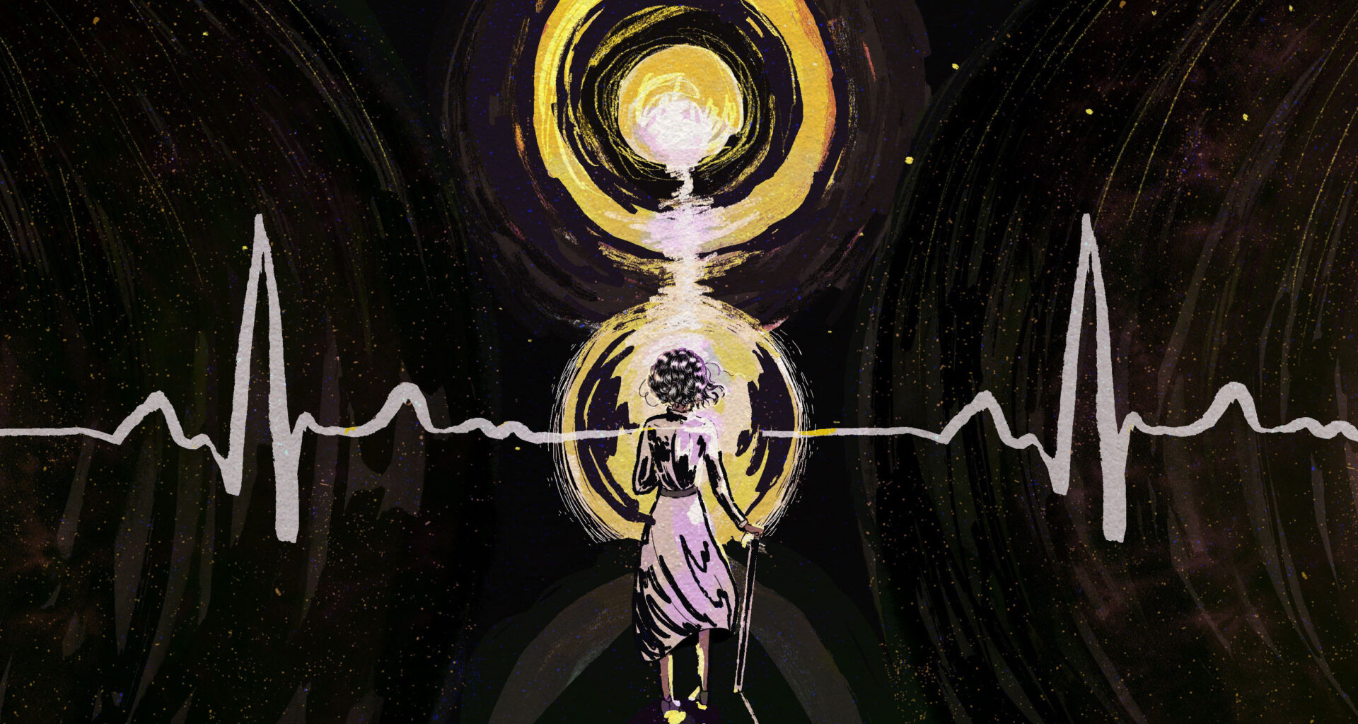 A digital illustration of the silhouette of an elderly woman bravely facing a glowing, moon-like sphere in a galactic abyss.