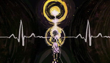 A digital illustration of the silhouette of an elderly woman bravely facing a glowing, moon-like sphere in a galactic abyss.