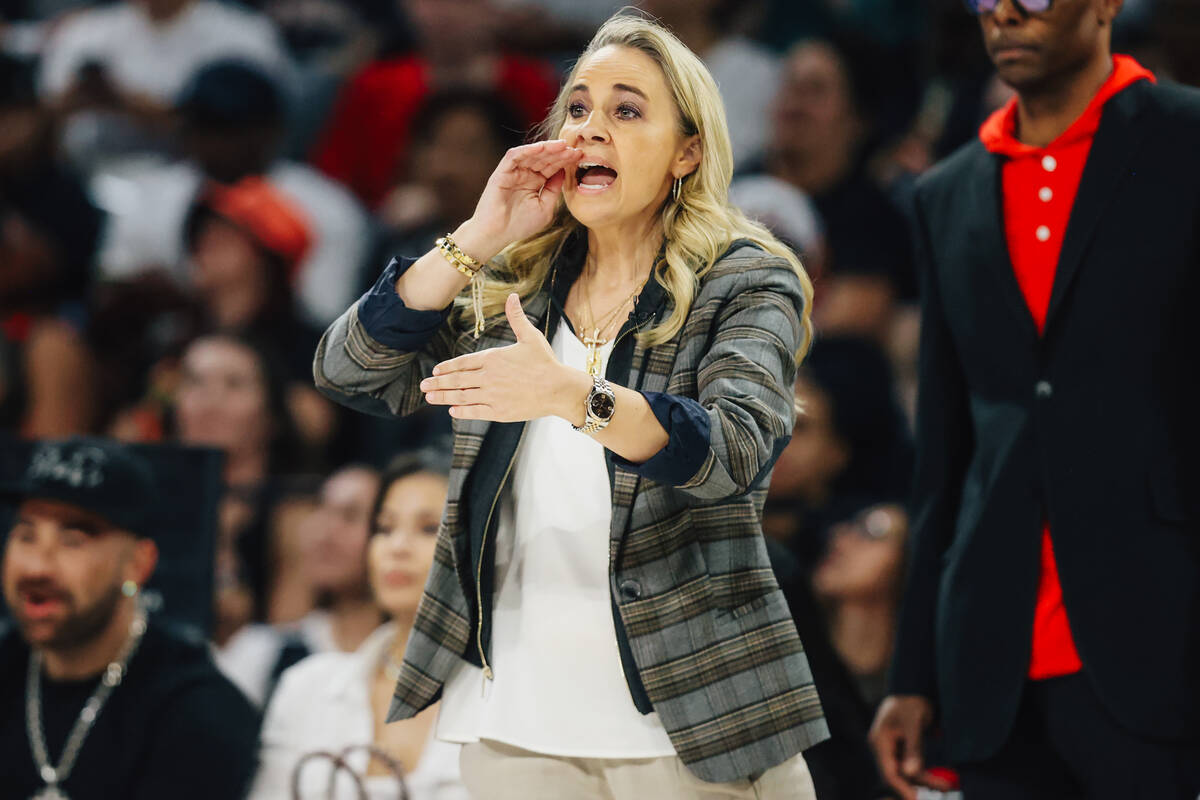Aces head coach Becky Hammon coaches her team during game one of a WNBA finals basketball game ...