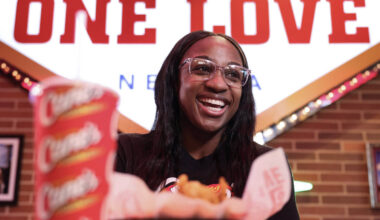 Aces guard Jackie Young interacts with the media at Raising Cane’s on the Strip Tuesday, ...