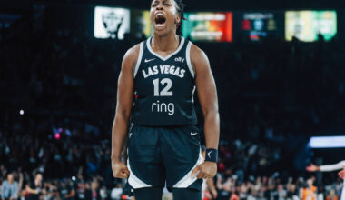 Aces guard Chelsea Gray celebrates winning game one of a WNBA finals basketball game between th ...