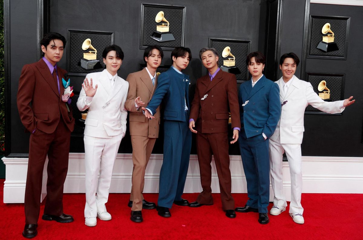 BTS pose on the red carpet at the 64th Annual Grammy Awards at MGM Grand Garden Arena in Las Vegas, Nev., in this April 3, 2021, file photo. Reuters-Yonhap