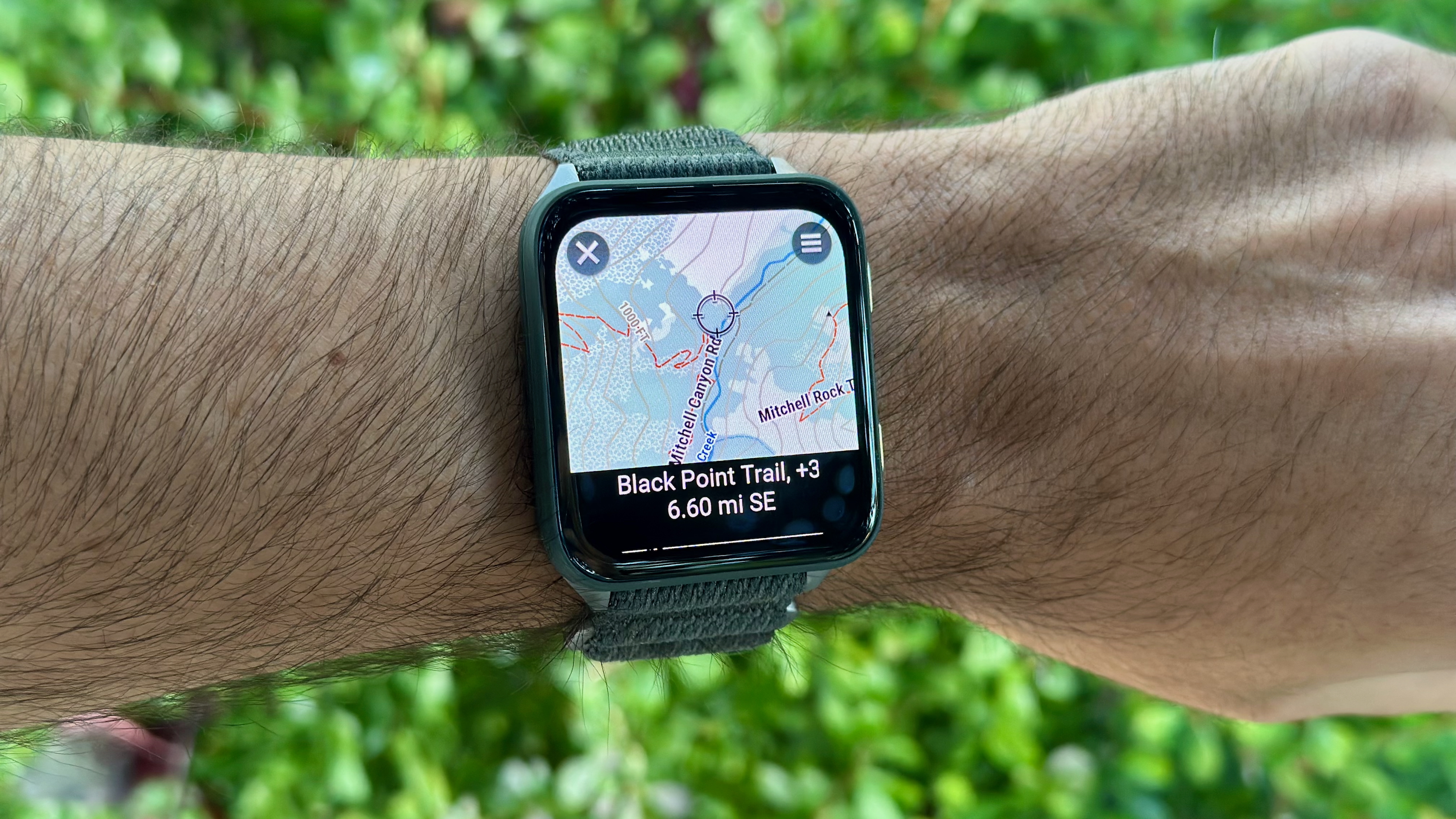 The Garmin Venu X1 showing a course for Black Point Trail (6.6 miles).