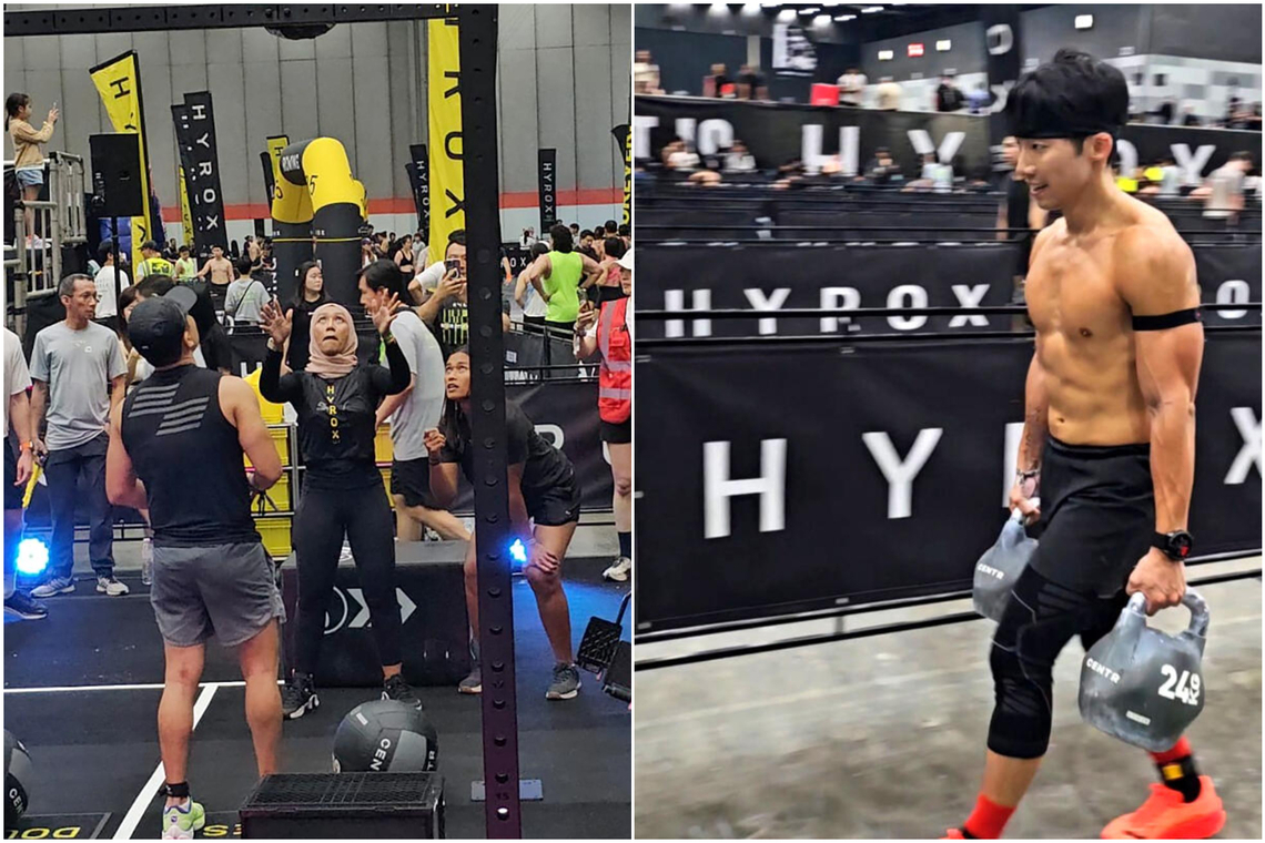 Ms Kamilah Tohar (left) completing Hyrox Bangkok in May with the help of partner Sam Chong, and Mr Edward Soon (right) at the Hyrox race in Bangkok in April 2025.