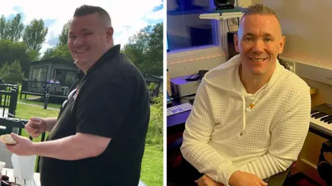 BBC Martin Fletcher is pictured smiling and wearing a black top as he is holding food at a barbecue, with a caravan seen in the background. In the second photo he is wearing a white hooded top and is smiling while sitting in his recording studio. He has visibly lost weight in the second image.