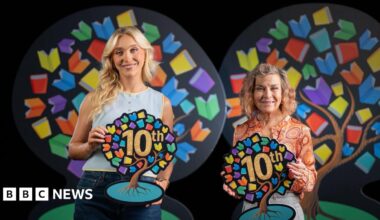 Ali and Cecilia are both holding Book Week symbols, which are in the shape of a tree with multi-coloured leaves and the word 10th in the centre. Ali has long blonde hair and is wearing a blue sleeveless top. Cecelia has shoulder length hair and is wearing an an orange patterned blouse.