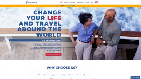 Screenshot of the website of Victoria Cruises Line advertising the cruise. It says "Change your life and travel around the world" and shows a couple standing on the deck of a ship.

