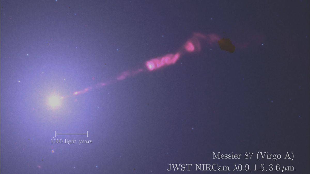 Infrared image of a pink jet of particles blasting out of a bright supermassive black hole