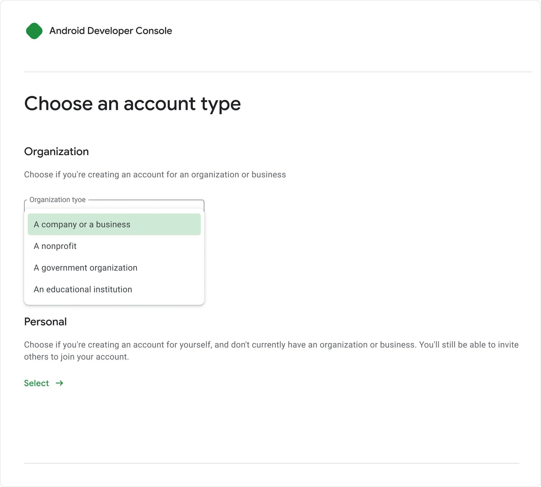 Android Developer Console account type