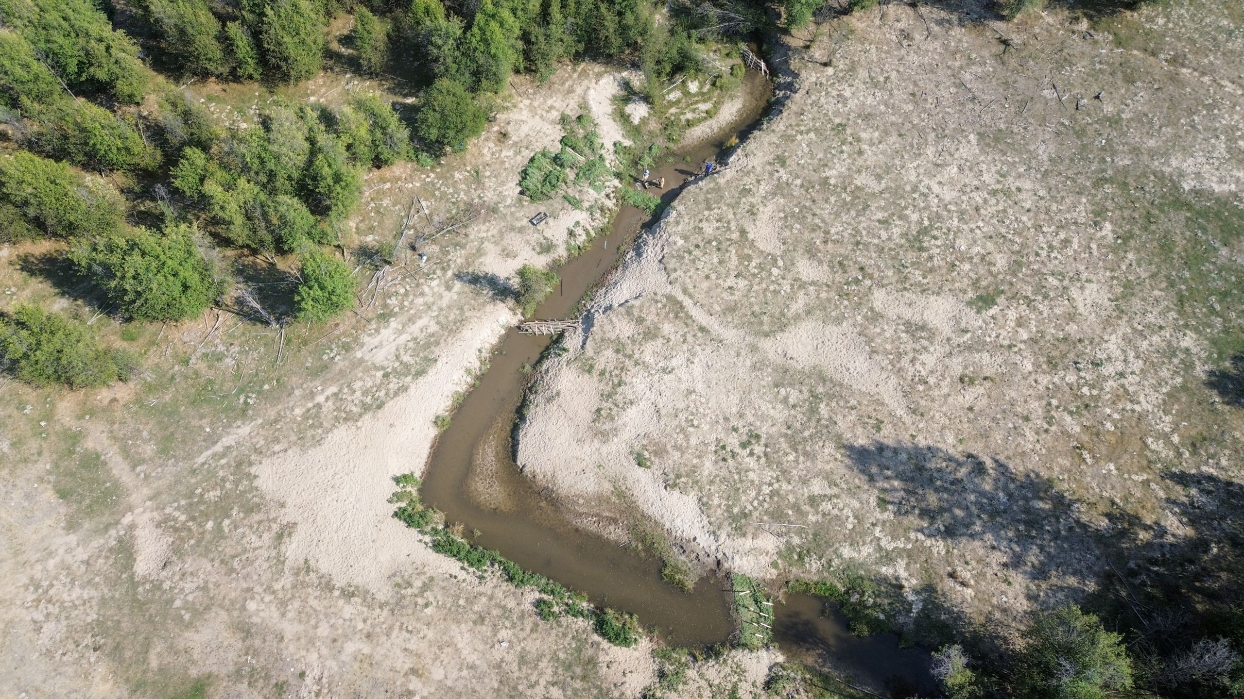 Aerial view of a creek, with dry land on either side of it and sparse forest at either end.