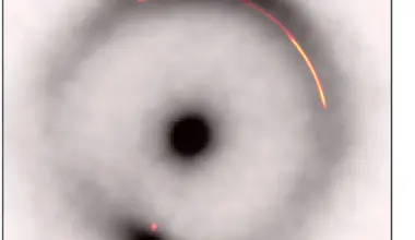 Overlay of the infrared emission (black and white) with the radio emission (colour). The dark, low-mass object is located at the gap in the bright part of the arc on the right hand side (Credit : Keck/EVN/GBT/VLBA)