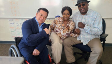 Orange County Superintendent Dr. Stefan Bean meets former heavyweight boxing champion James "Buster" Douglas and his wife, Bertha Douglas, during their visit to OCDE