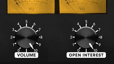 Two black control knobs labeled “VOLUME” and “OPEN INTEREST,” each numbered 0 to 10, set against a black panel with yellow VU meters above.