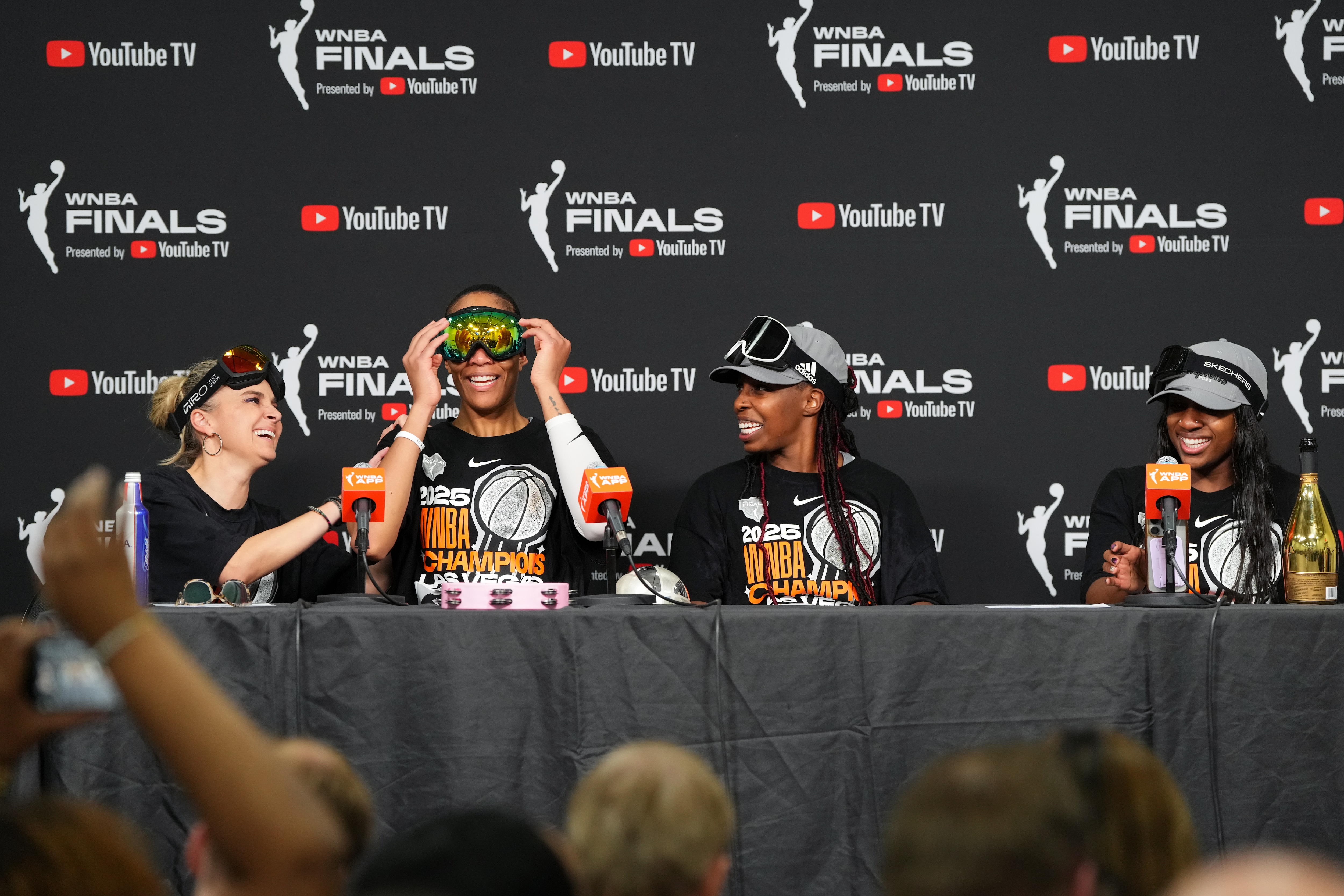 Head Coach Becky Hammon, A'ja Wilson #22, Chelsea Gray #12 and Jackie Young #0 of the Las Vegas Aces speak to the media following Game Four of the 2025 WNBA Finals