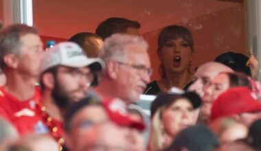 KANSAS CITY, MISSOURI - OCTOBER 12: Taylor Swift looks on during the second quarter in the game between the Kansas City Chiefs and the Detroit Lions at Arrowhead Stadium on October 12, 2025 in Kansas City, Missouri. (Photo by Jamie Squire/Getty Images)