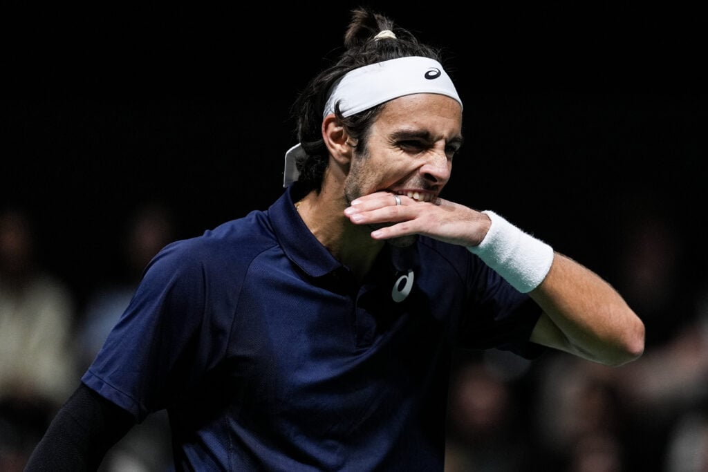 Lorenzo Musetti reacts during his defeat to Lorenzo Sonego at the 2025 Paris Masters