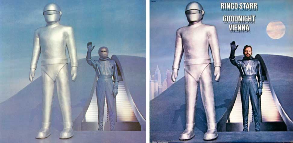 Lock Martin in a robot costume, alongside Michael Rennie waving as he emerges from a spacecraft in a publicity still issued for the film, 'The Day the Earth Stood Still', 1951. Also: The cover of Ringo Starr's album Goodnight Vienna
