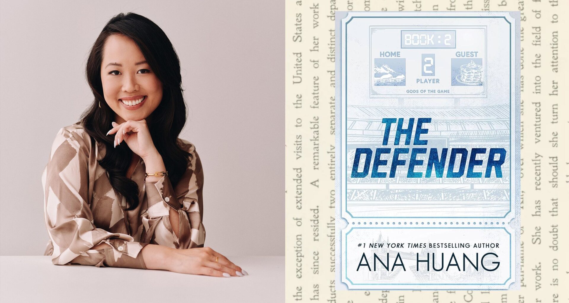 a split image of author ana huang's headshot and the cover of her book the defender