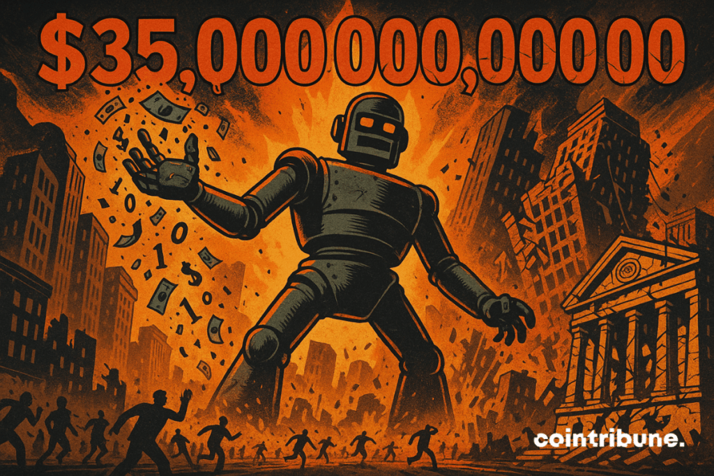 A giant humanoid robot with a retro-futuristic design stands in the center of a fictional financial avenue, resembling Wall Street. It pours a rain of digital dollars, symbolizing the potential stock market crash linked to the AI bubble, according to a former IMF executive.