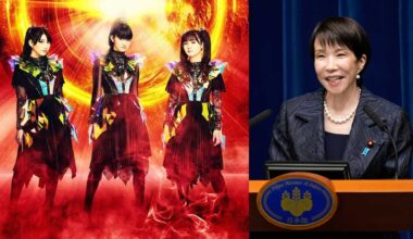 Left: Babymetal, Right: Sanae Takaichi speaking at a podium