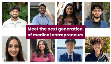 Eight students in McMaster’s iBioMed program in a composite group photo.